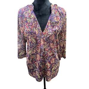 Chaps Women’s Top Mesh Ruffle V Neck Floral Paisley Purple Multicolor 1X NWT